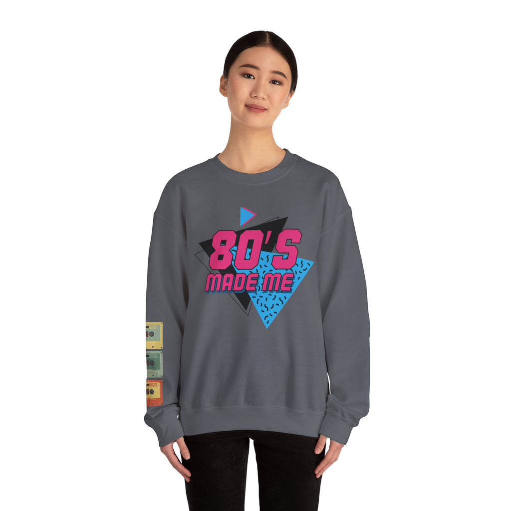 80's Made Me Sweatshirt — Retro 1980s Graphic Crewneck with Cassette Sleeve