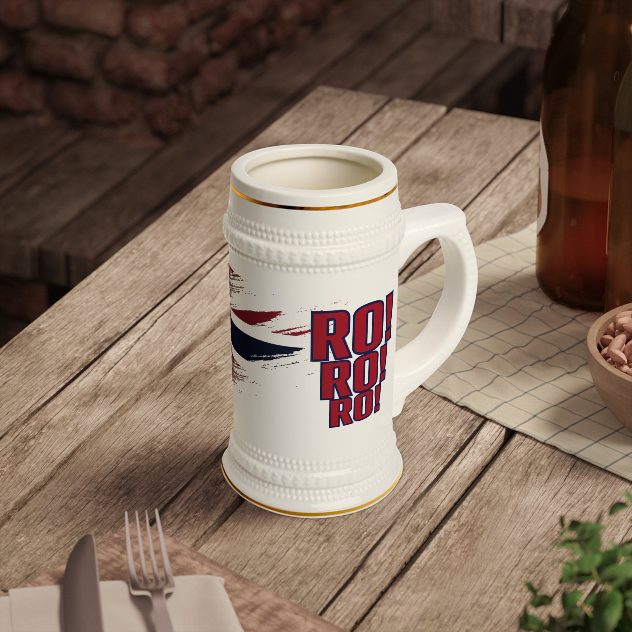 Viking RO! Brushstroke Beer Stein mug | 22oz Ceramic Stein, Gold Trim