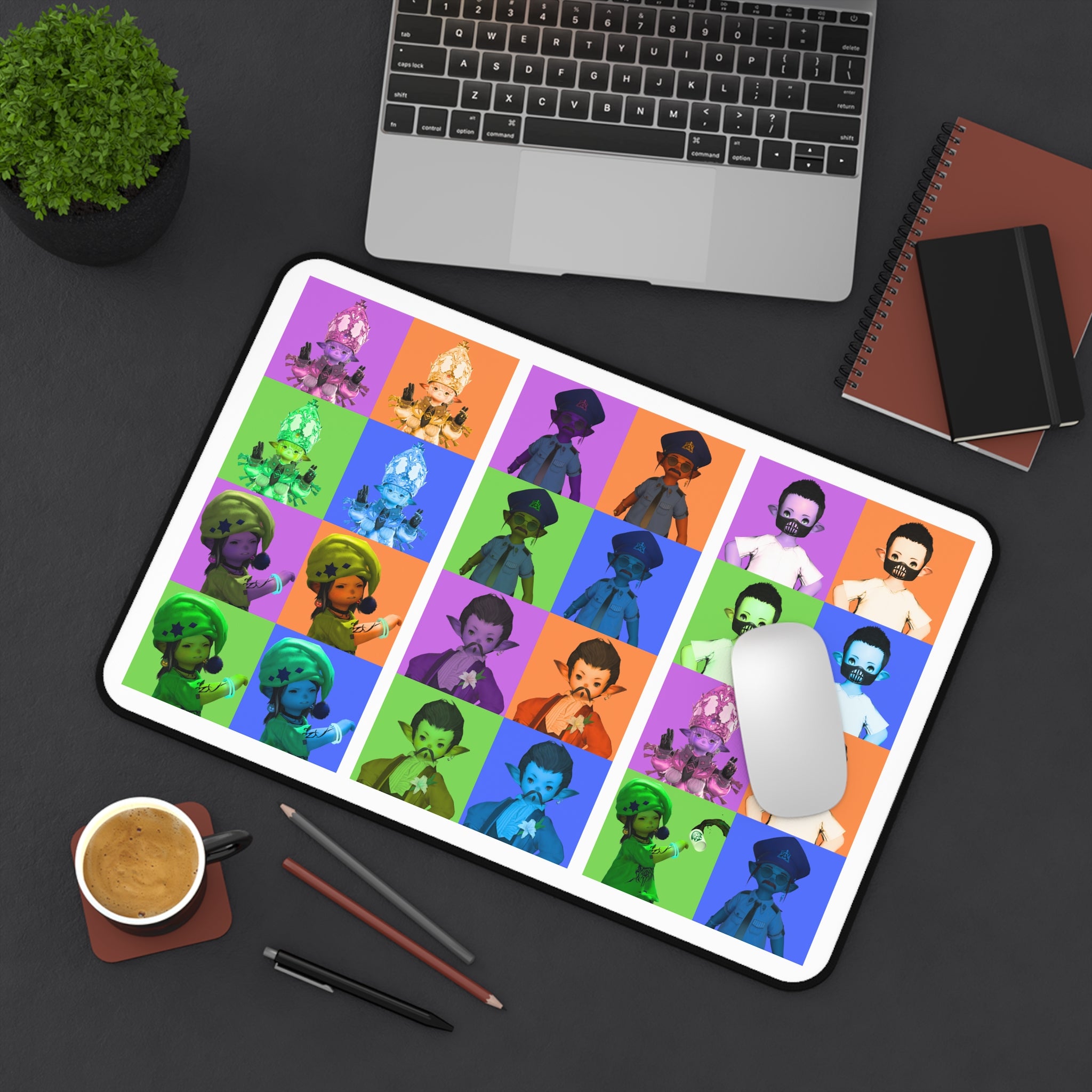 Colorful Pop Art Character Desk Mat — Retro Cartoon Grid Mouse Pad