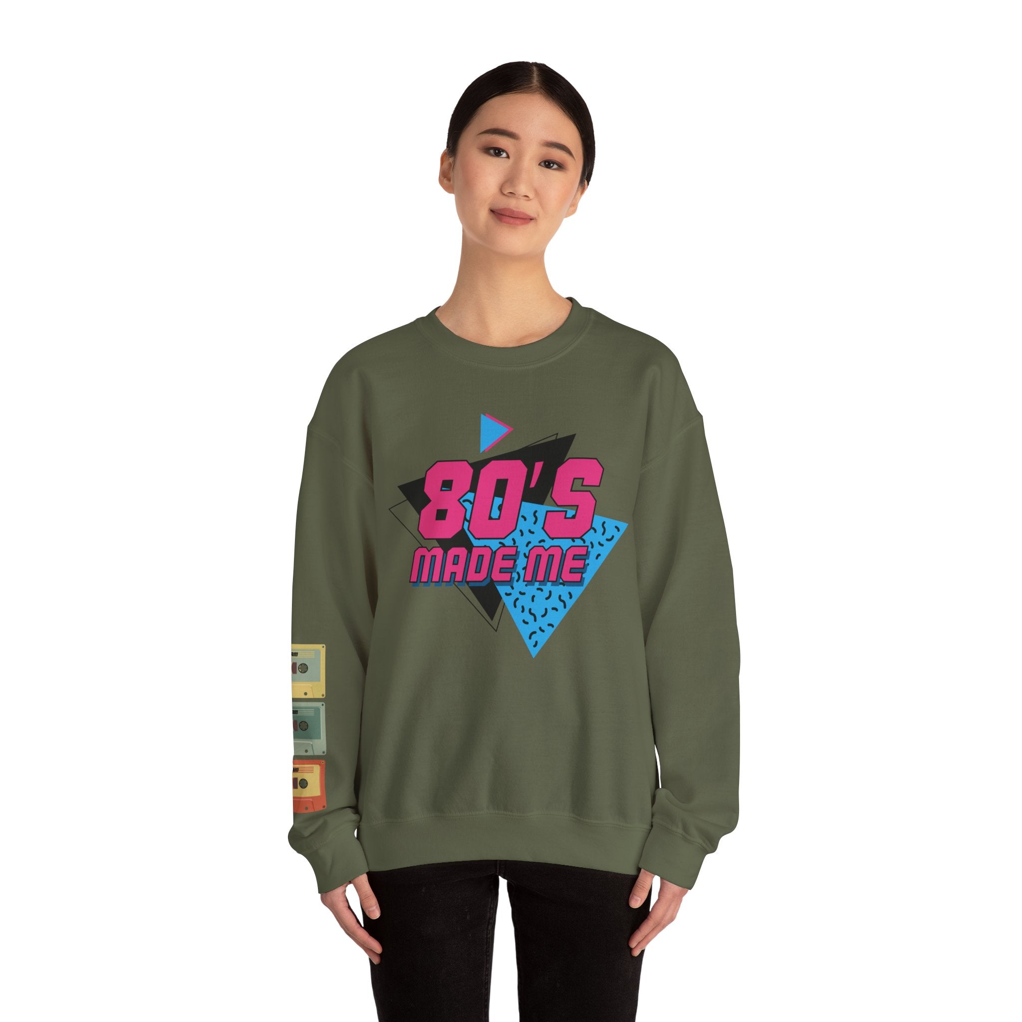 80's Made Me Sweatshirt — Retro 1980s Graphic Crewneck with Cassette Sleeve