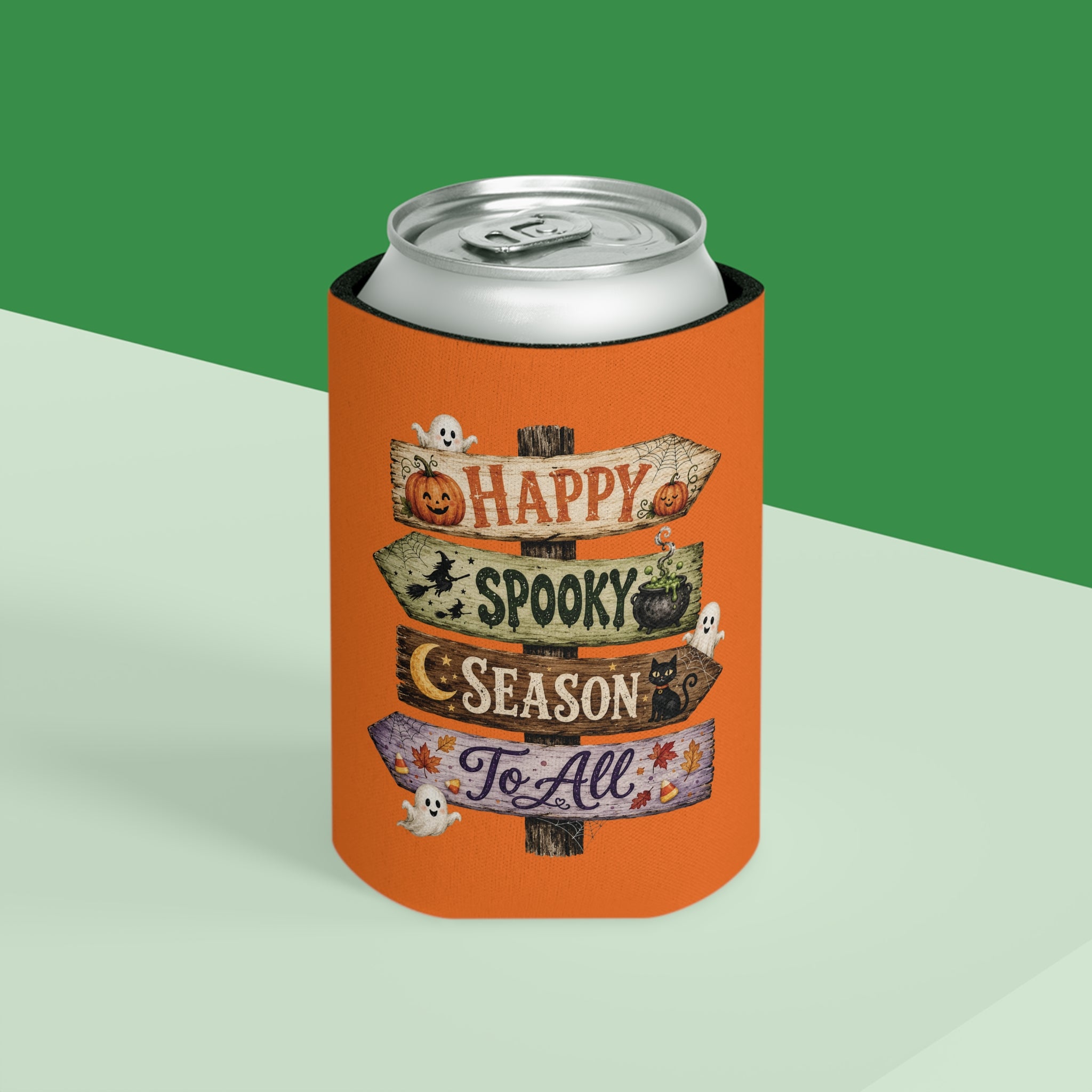 Happy Spooky Season Can Cooler – Halloween Pumpkin & Ghost Koozie