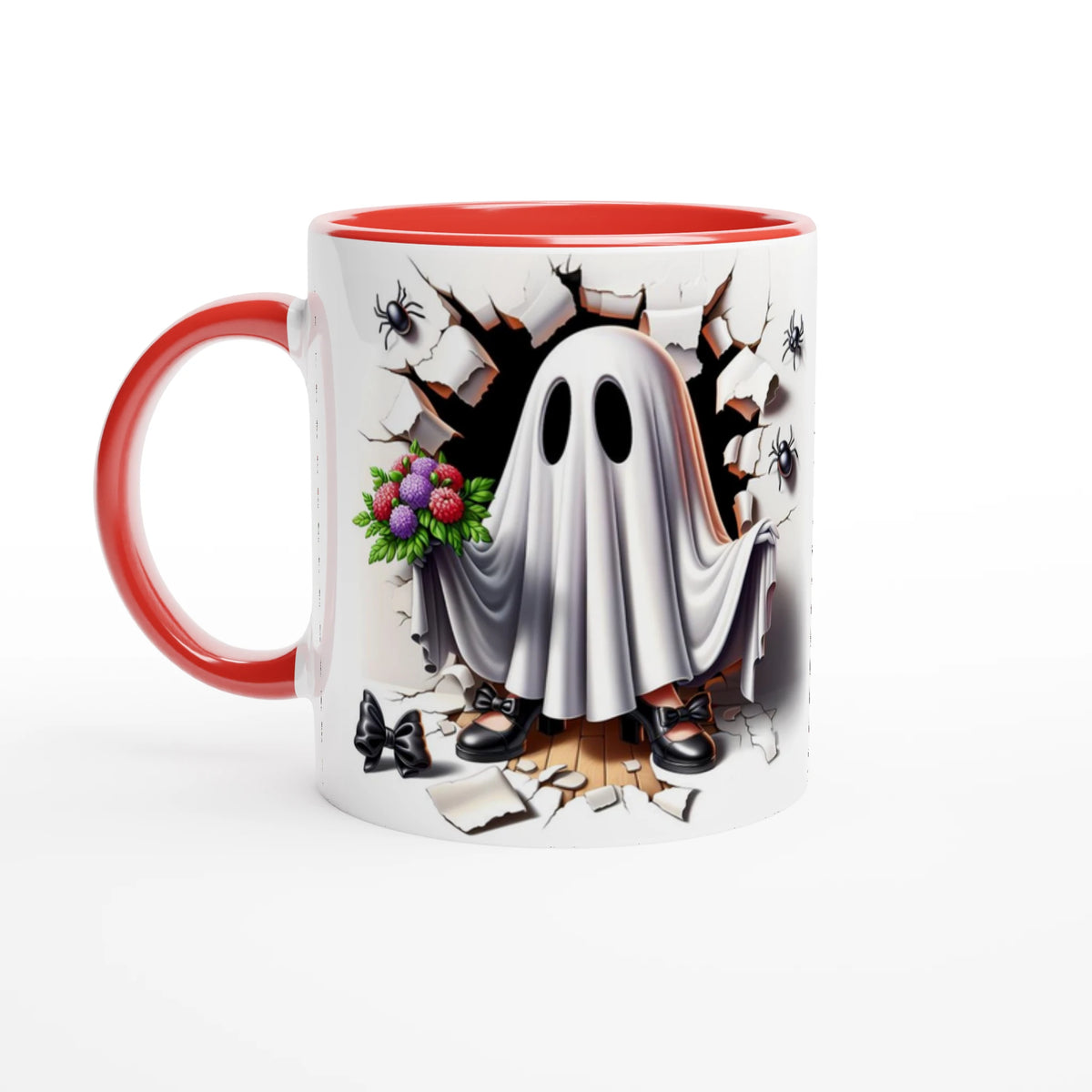 White mug with red handle and interior, featuring a sheet ghost holding colorful flowers, with black shoes, cracked stone, and spiders.