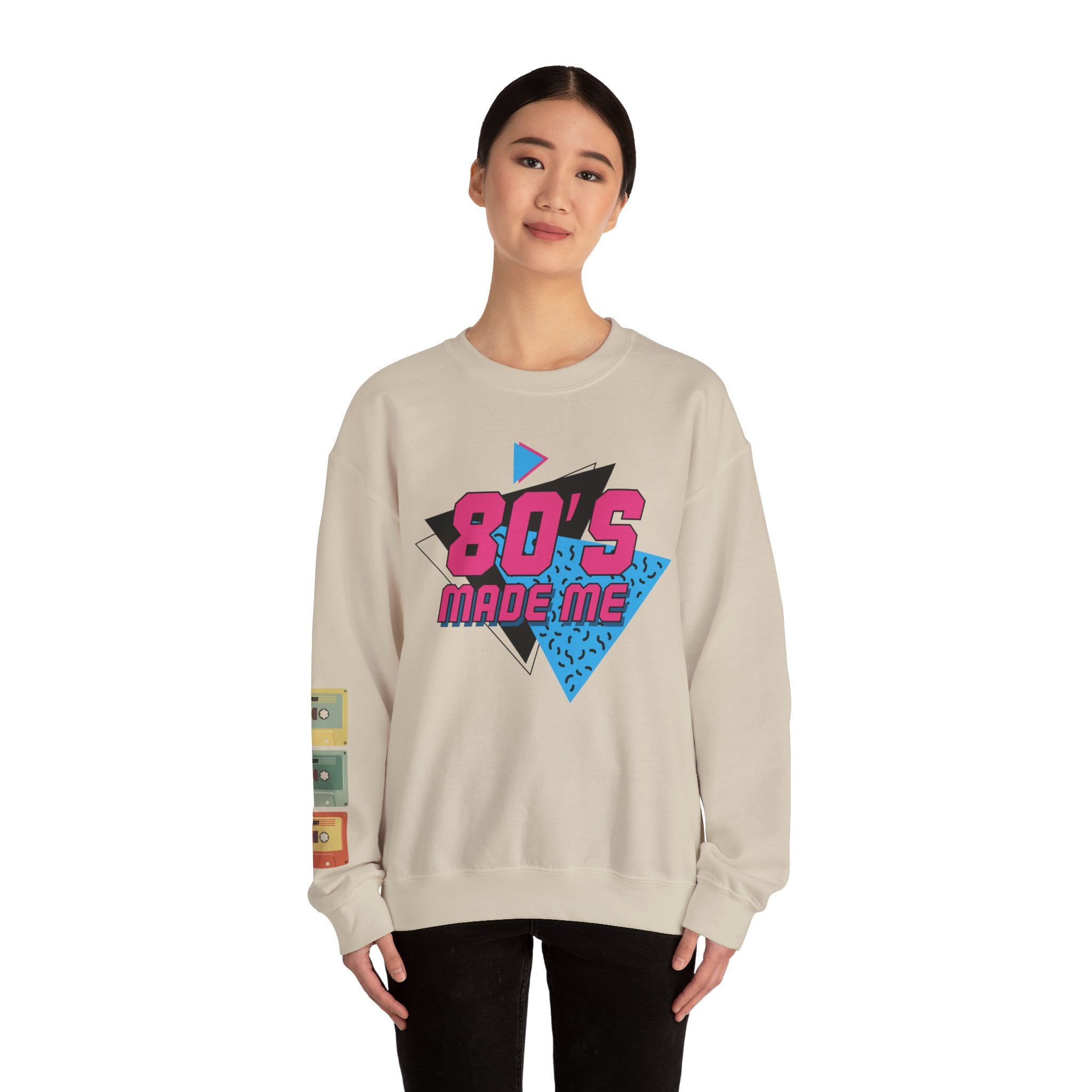 80's Made Me Sweatshirt — Retro 1980s Graphic Crewneck with Cassette Sleeve