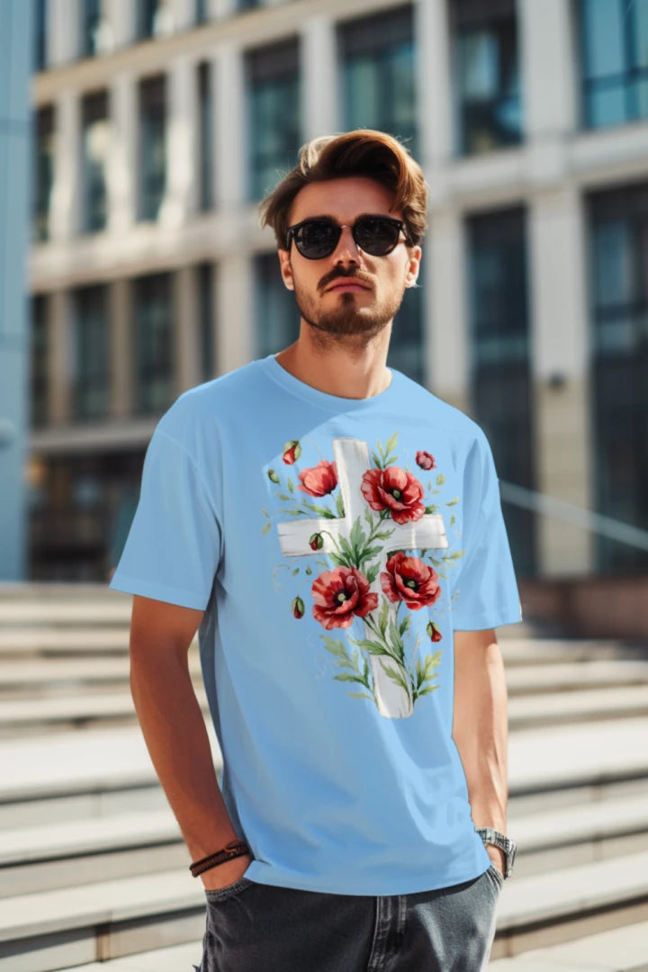 Light Blue - Poppy and Cross Unisex T-Shirt with floral cross graphic - FRONT