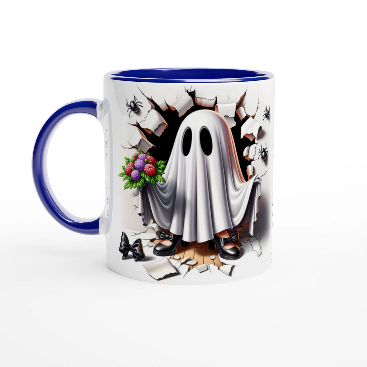 White mug with blue handle and interior, featuring a sheet ghost holding colorful flowers, with black shoes, cracked stone, and spiders.