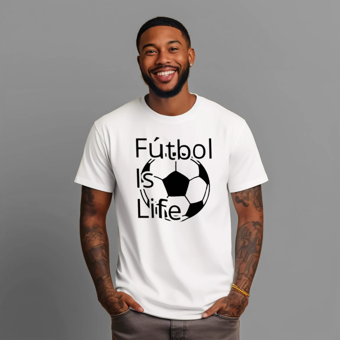 White - Fútbol Is Life Fan Jersey Tee with soccer ball graphic - FRONT