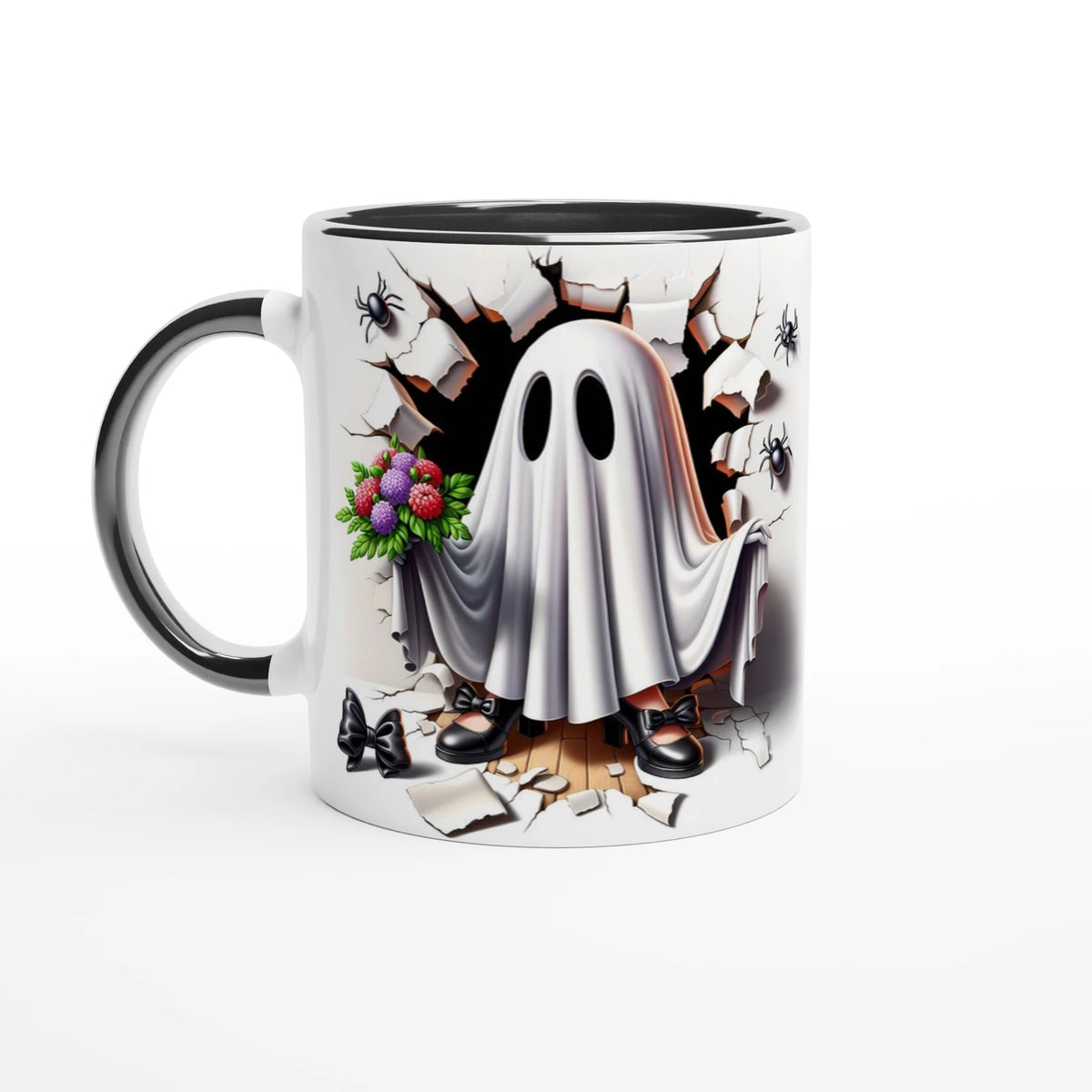 White mug with black handle on the left and black interior, featuring a sheet ghost holding colorful flowers, with black shoes, cracked stone, and spiders.