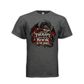 Front view of dark heather T-shirt featuring a black and red dragon, stacked books, and the quote “I don’t need therapy, I need the next book in the series.”